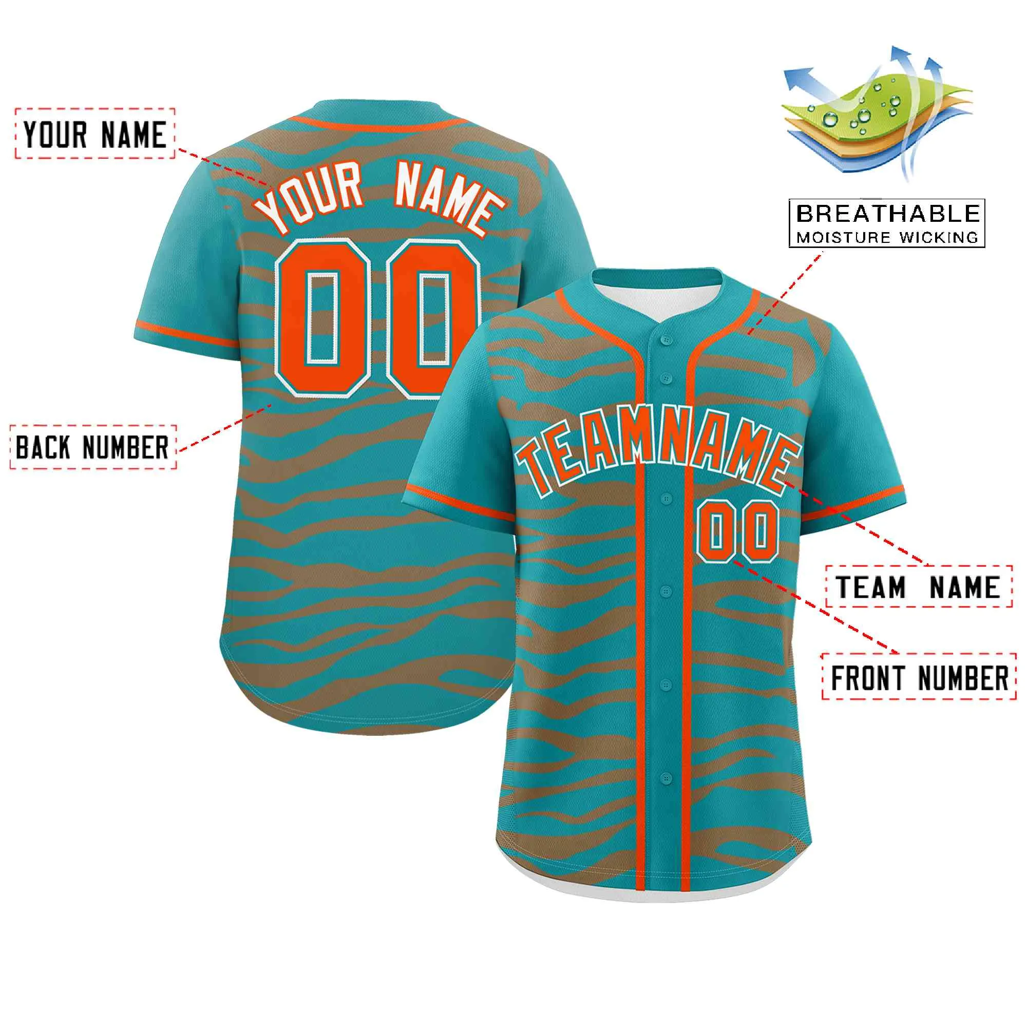 Custom Aqua Orange Zebra Stripes Graffiti Pattern Authentic Baseball Jersey