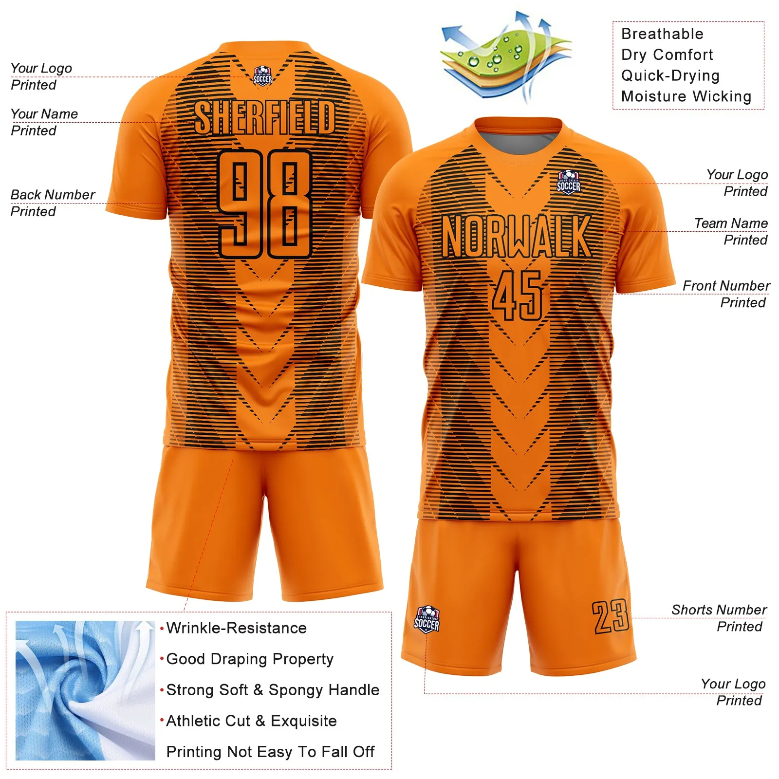 Custom Bay Orange Black Lines Sublimation Soccer Uniform Jersey