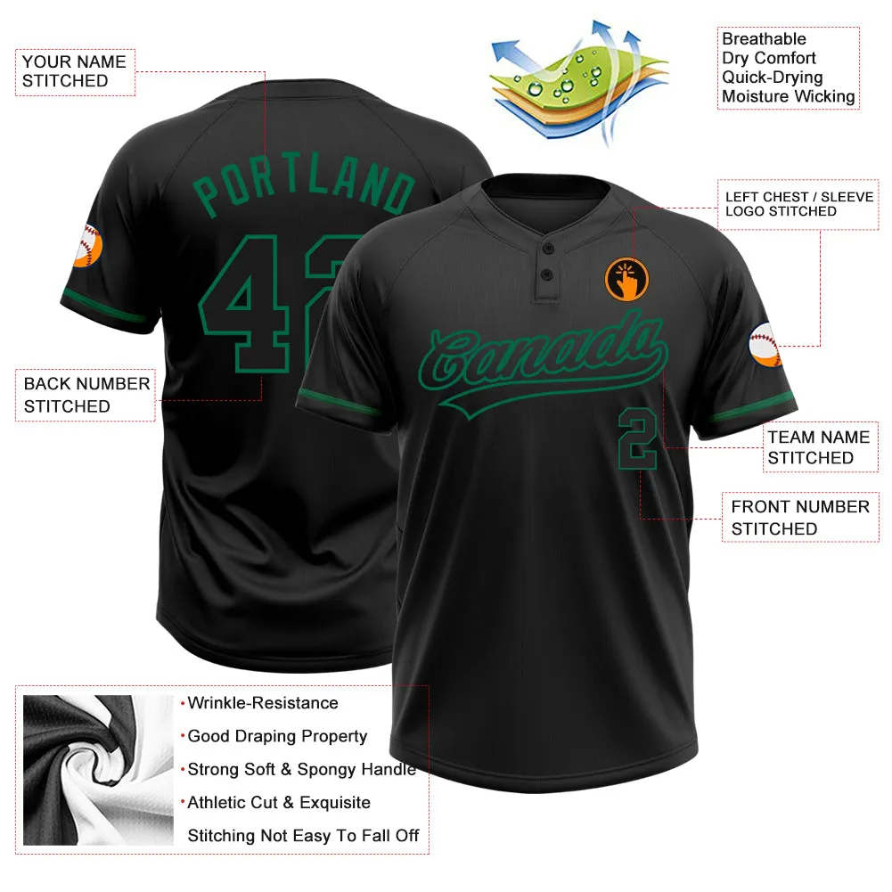 Custom Black Black-Kelly Green Two-Button Unisex Softball Jersey