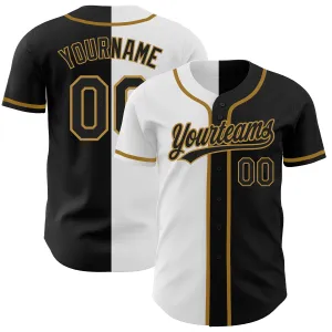 Custom Black Black White-Old Gold Authentic Split Fashion Baseball Jersey