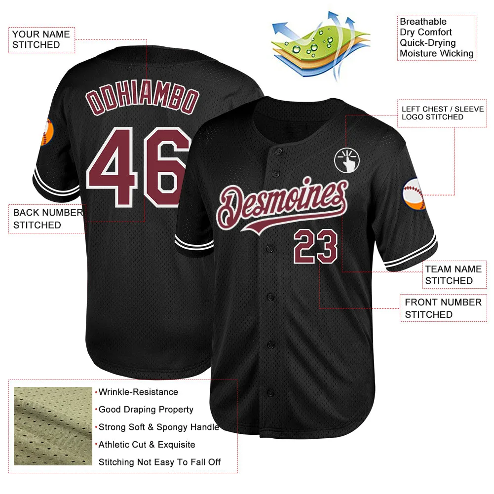 Custom Black Burgundy-White Mesh Authentic Throwback Baseball Jersey