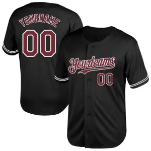 Custom Black Burgundy-White Mesh Authentic Throwback Baseball Jersey