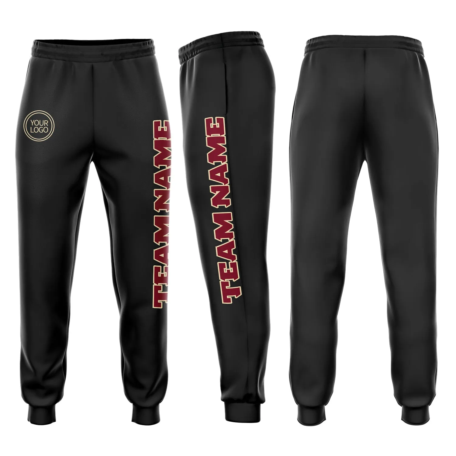 Custom Black Crimson-Cream Fleece Jogger Sweatpants