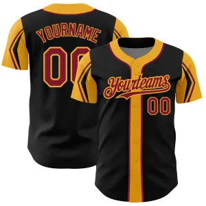 Custom Black Crimson-Gold 3 Colors Arm Shapes Authentic Baseball Jersey