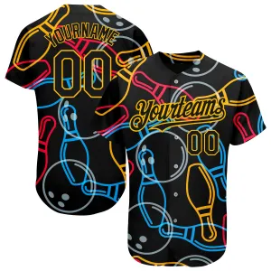 Custom Black Gold 3D Pattern Design Bowling Authentic Baseball Jersey