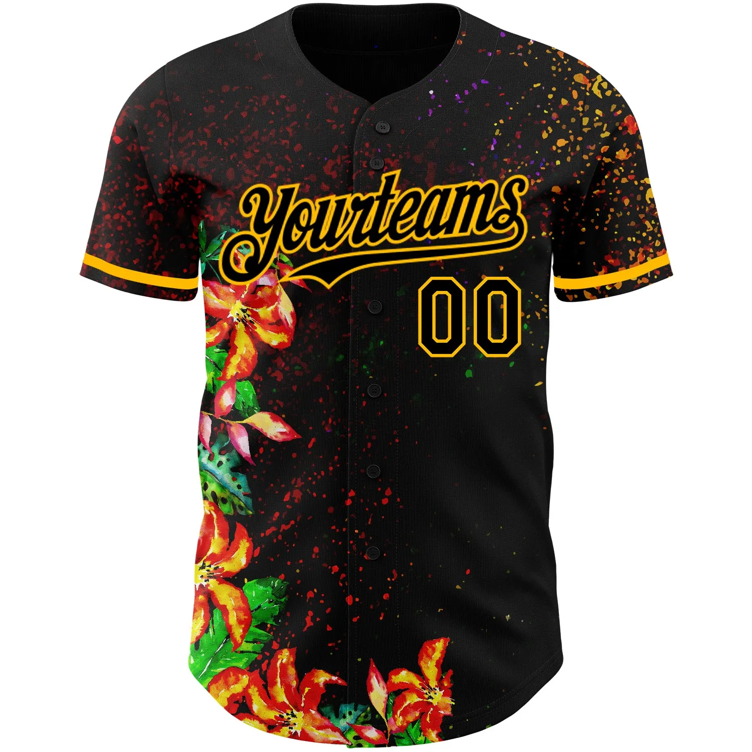 Custom Black Gold 3D Pattern Design Holi Festival Color Powder Authentic Baseball Jersey