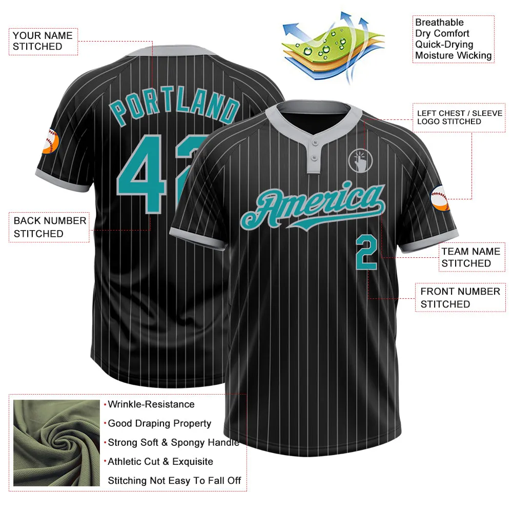 Custom Black Gray Pinstripe Teal Two-Button Unisex Softball Jersey