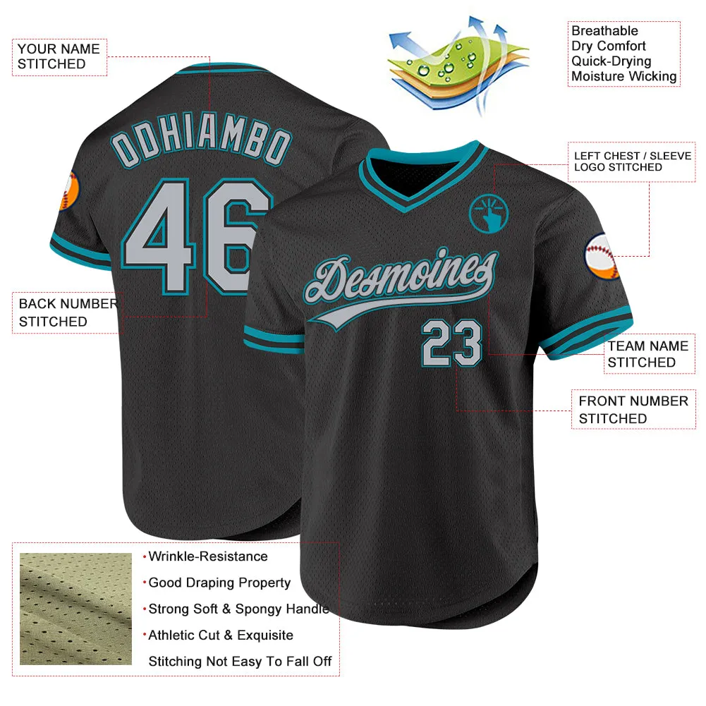 Custom Black Gray-Teal Authentic Throwback Baseball Jersey