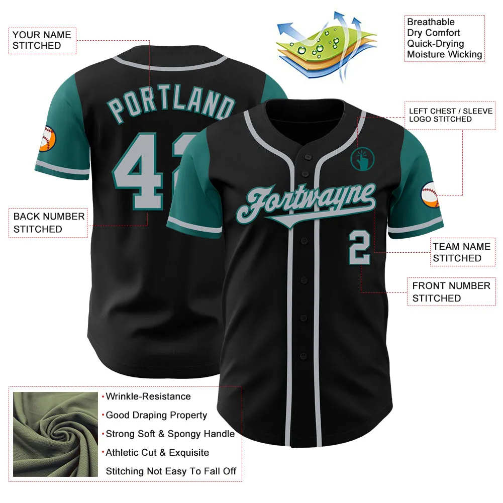 Custom Black Gray-Teal Authentic Two Tone Baseball Jersey