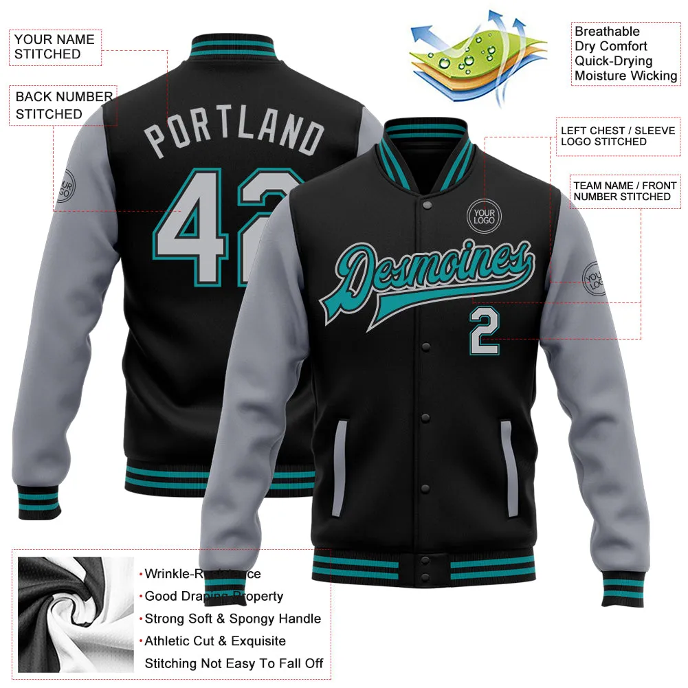 Custom Black Gray-Teal Bomber Full-Snap Varsity Letterman Two Tone Jacket