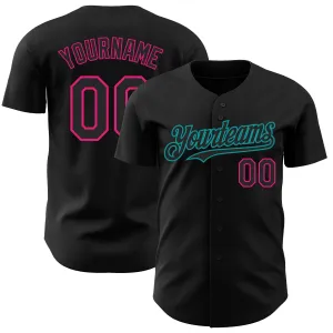 Custom Black Hot Pink-Teal Authentic Baseball Jersey