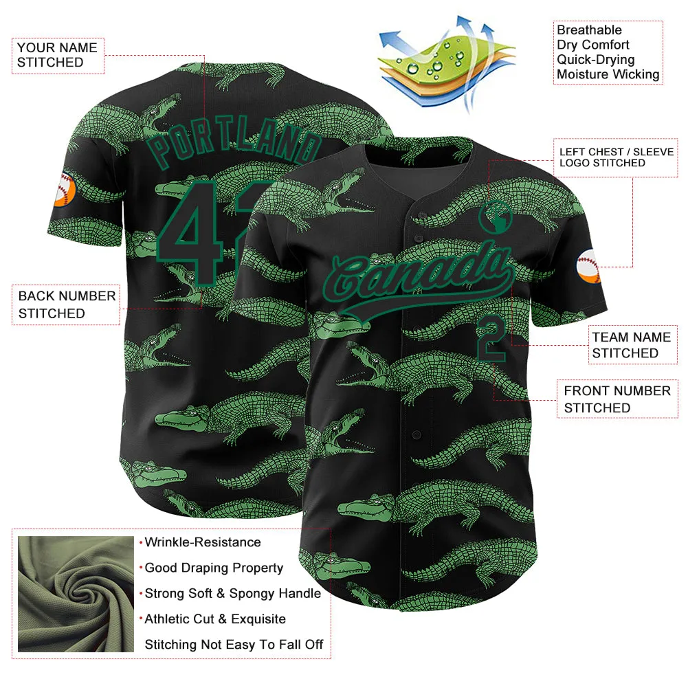 Custom Black Kelly Green 3D Pattern Design Crocodile Authentic Baseball Jersey