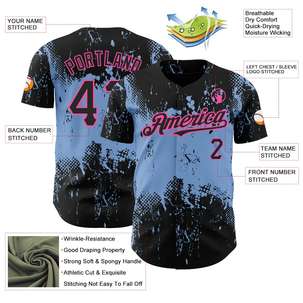 Custom Black Light Blue-Pink 3D Pattern Design Abstract Splatter Grunge Art Authentic Baseball Jersey