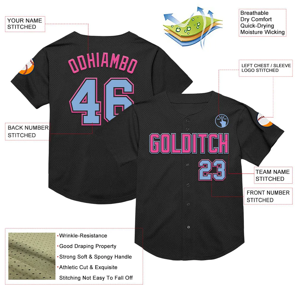 Custom Black Light Blue-Pink Mesh Authentic Throwback Baseball Jersey