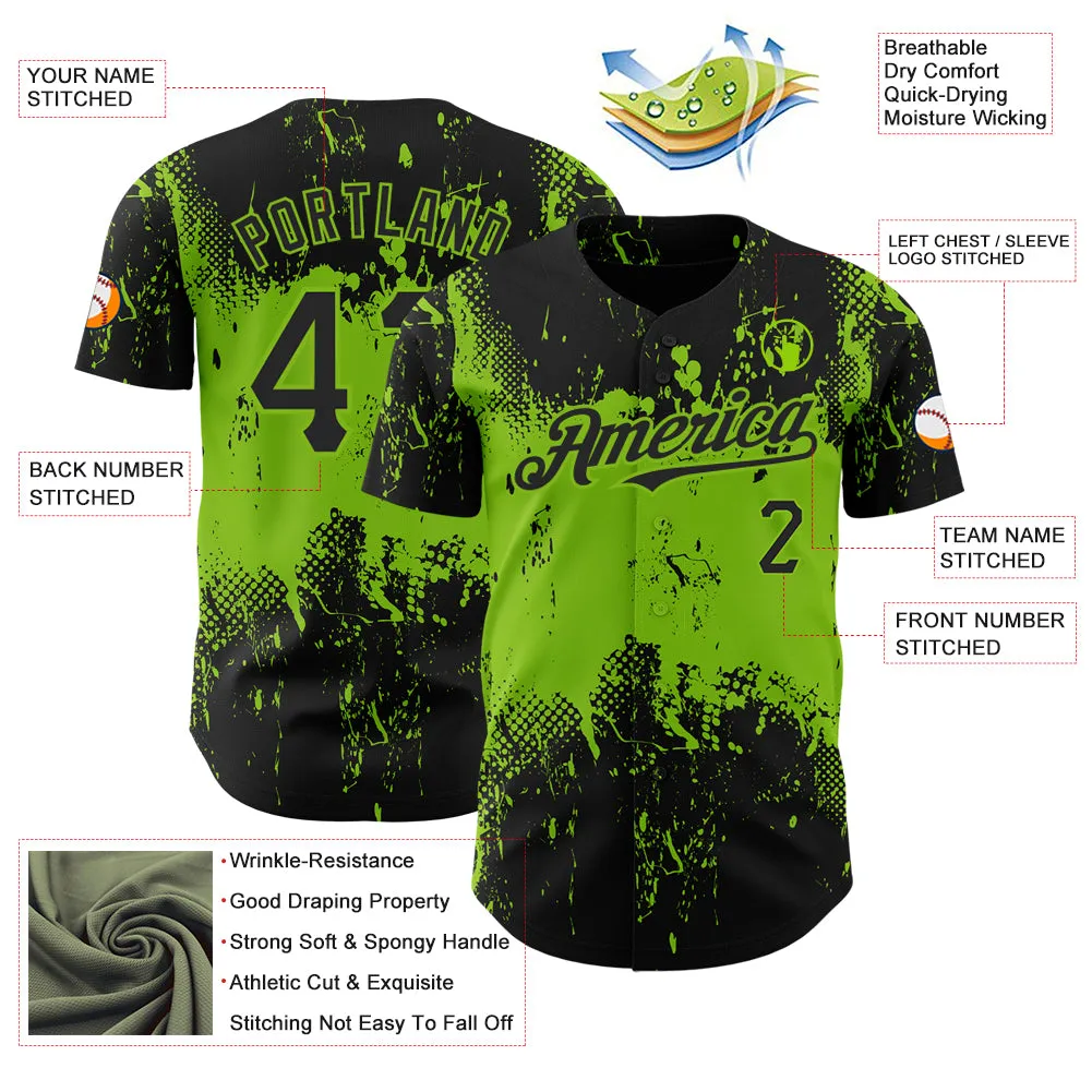 Custom Black Neon Green 3D Pattern Design Abstract Splatter Grunge Art Authentic Baseball Jersey