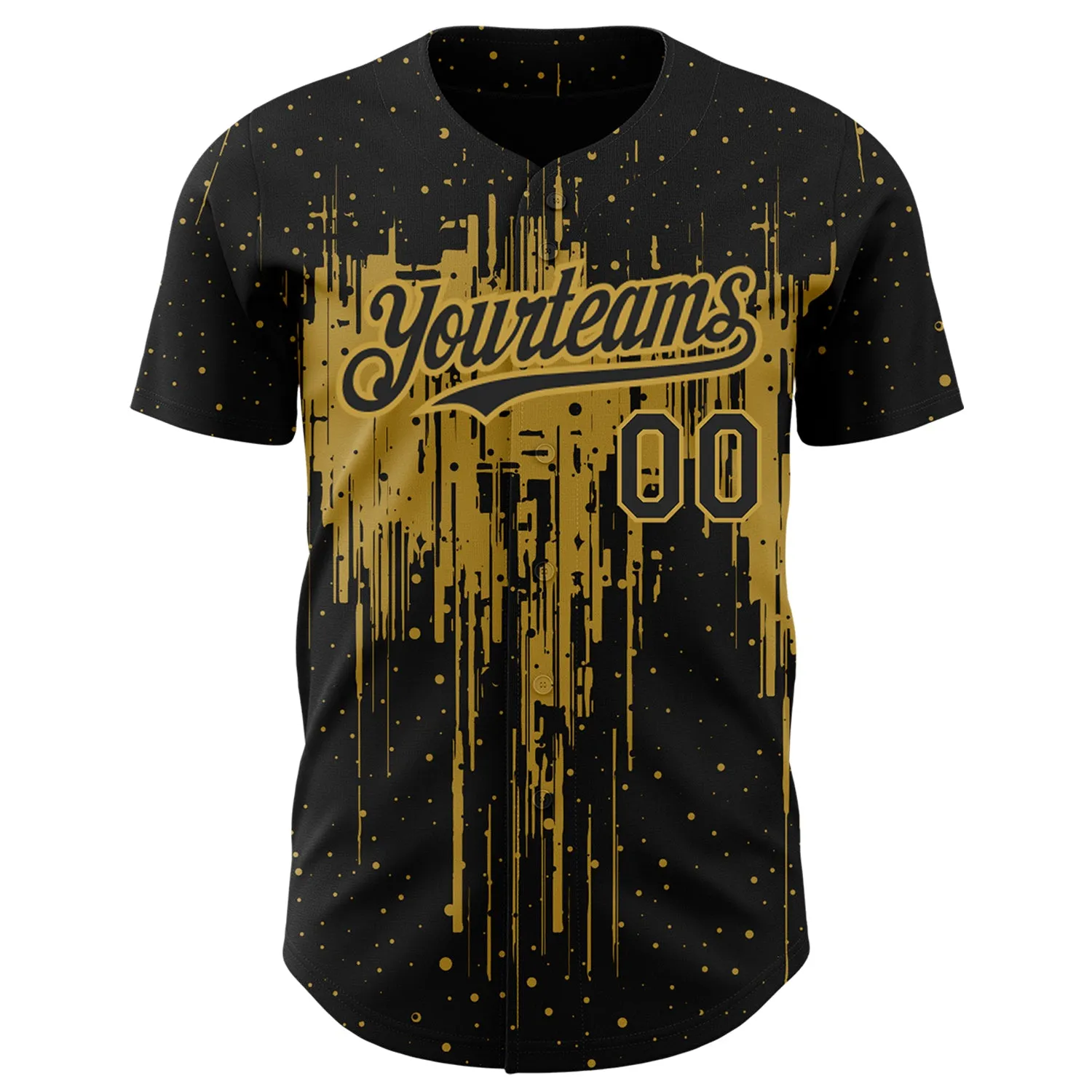 Custom Black Old Gold 3D Pattern Design Dripping Splatter Art Authentic Baseball Jersey