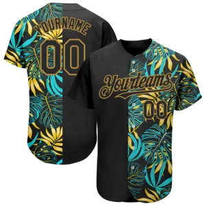 Custom Black Old Gold 3D Pattern Design Hawaii Tropical Palm Leaves Authentic Baseball Jersey