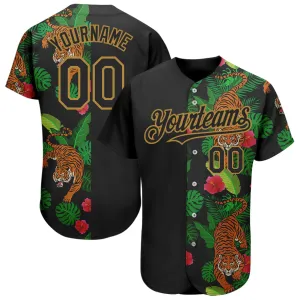 Custom Black Old Gold 3D Pattern Design Hawaii Tropical Tiger Authentic Baseball Jersey