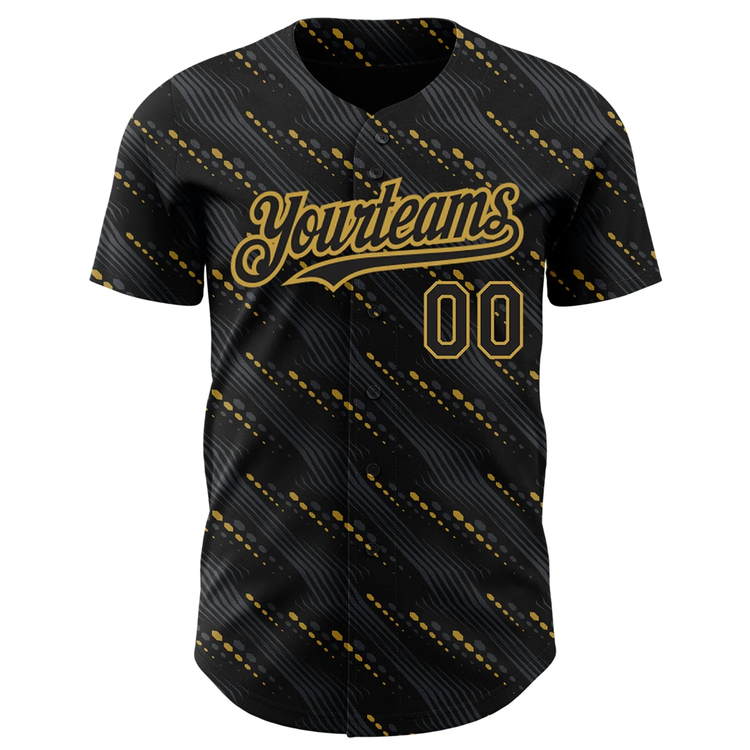 Custom Black Old Gold 3D Pattern Design Slant Lines Authentic Baseball Jersey