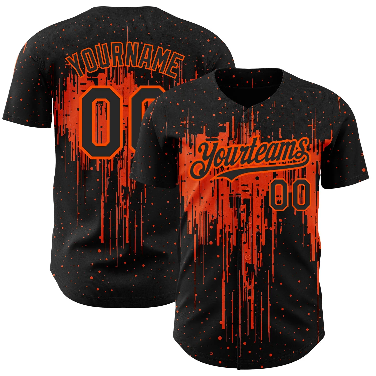 Custom Black Orange 3D Pattern Design Dripping Splatter Art Authentic Baseball Jersey