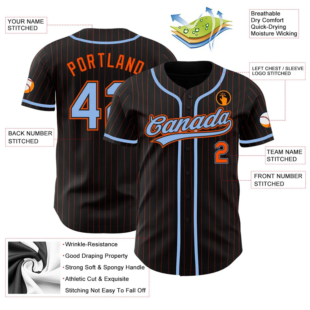 Custom Black Orange Pinstripe Light Blue Authentic Baseball Jersey