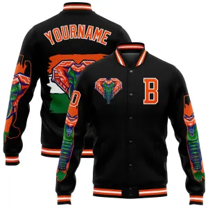 Custom Black Orange-White Elephant 3D Pattern Design Bomber Full-Snap Varsity Letterman Jacket