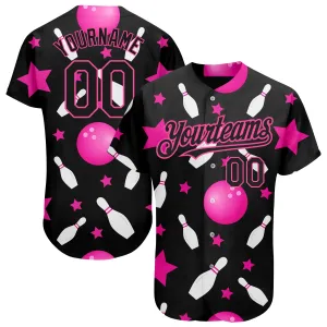 Custom Black Pink 3D Pattern Design Bowling Authentic Baseball Jersey