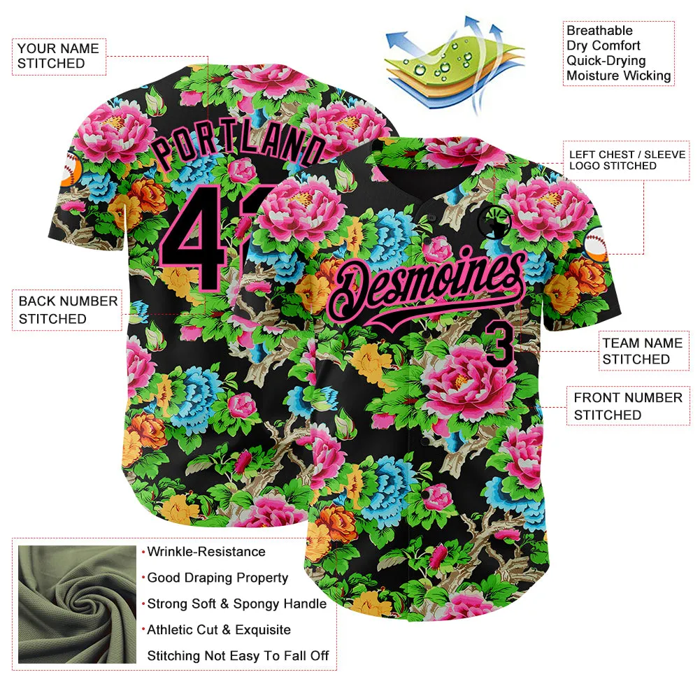 Custom Black Pink 3D Pattern Design Northeast China Big Flower Authentic Baseball Jersey