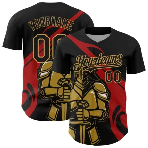 Custom Black Red-Old Gold 3D Pattern Design Knight Hero Art Authentic Baseball Jersey