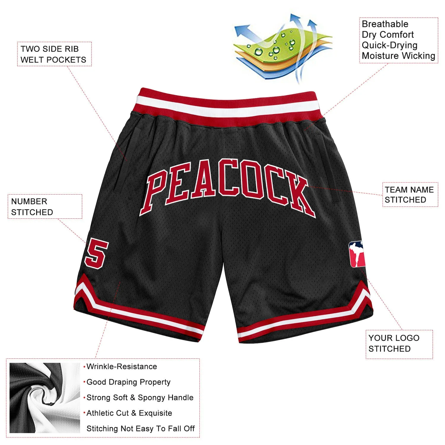 Custom Black Red-White Authentic Throwback Basketball Shorts