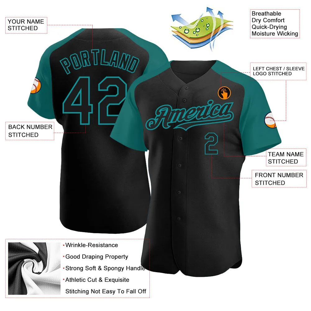 Custom Black Teal Authentic Raglan Sleeves Baseball Jersey