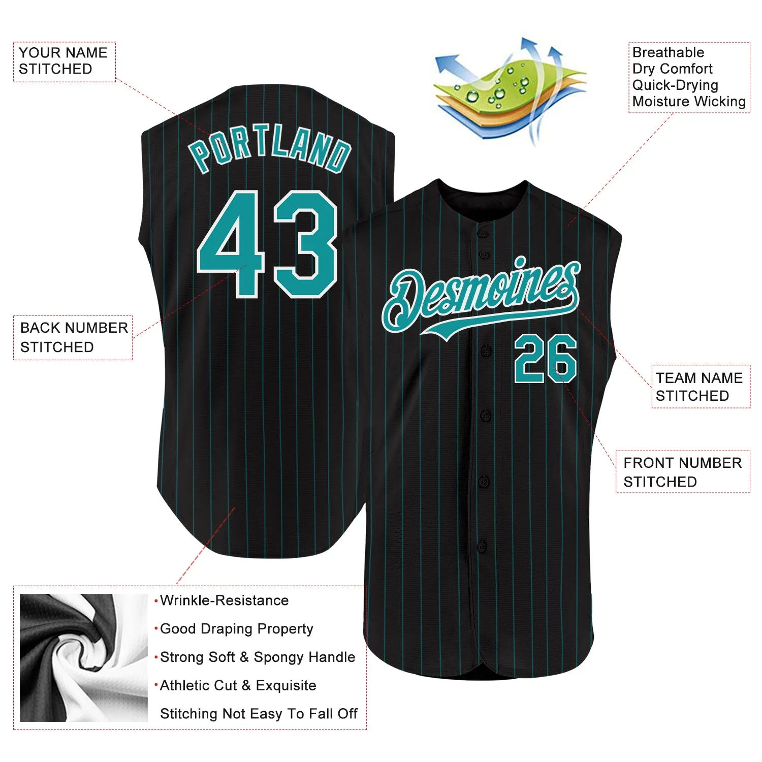 Custom Black Teal Pinstripe White Authentic Sleeveless Baseball Jersey