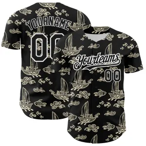 Custom Black White 3D Pattern Design Boats And Fish Authentic Baseball Jersey