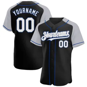 Custom Black White Gray-Royal Authentic Raglan Sleeves Baseball Jersey