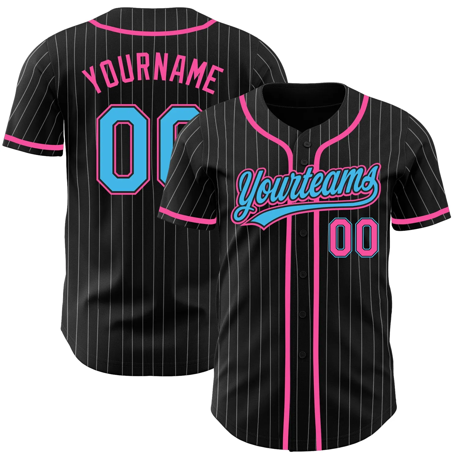 Custom Black White Pinstripe Sky Blue-Pink Authentic Baseball Jersey