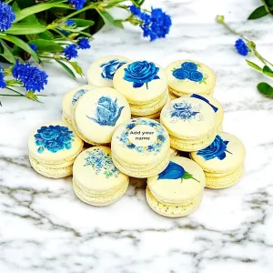 Custom Blue Rose Macarons - Personalized with Your Name - Elegant Floral Design