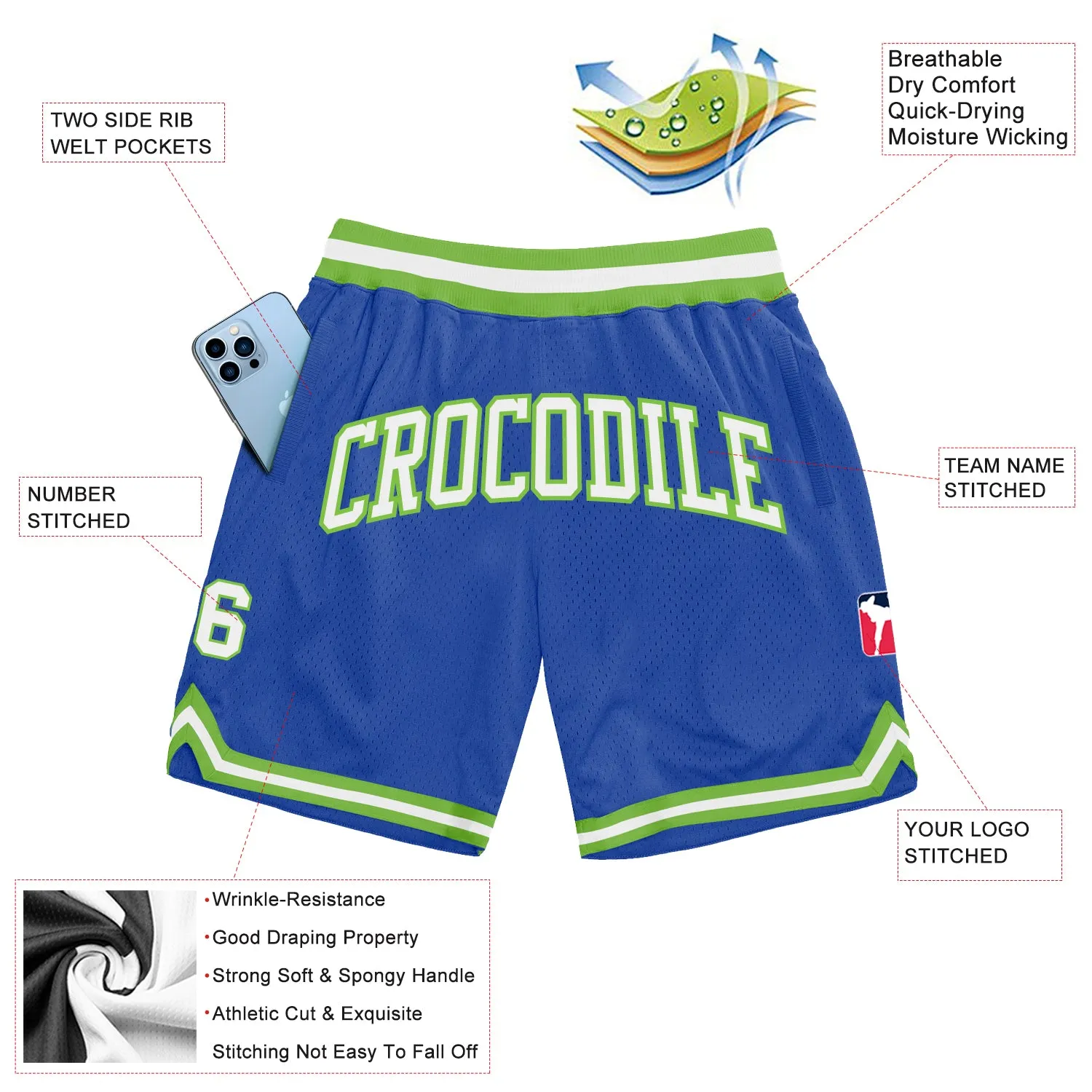 Custom Blue White-Neon Green Authentic Throwback Basketball Shorts