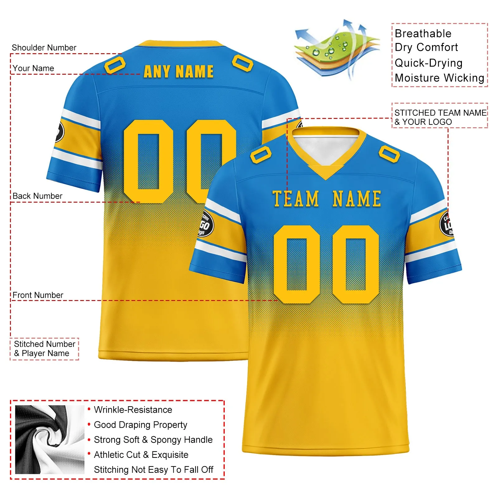 Custom Blue Yellow Los Angeles Personalized Authentic Football Jersey FBJ02-D020249-22