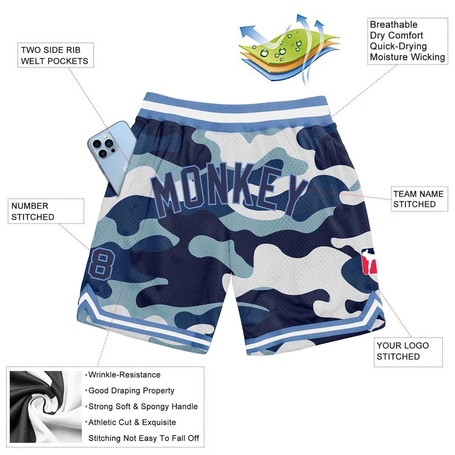 Custom Camo Navy-Light Blue Authentic Salute To Service Basketball Shorts