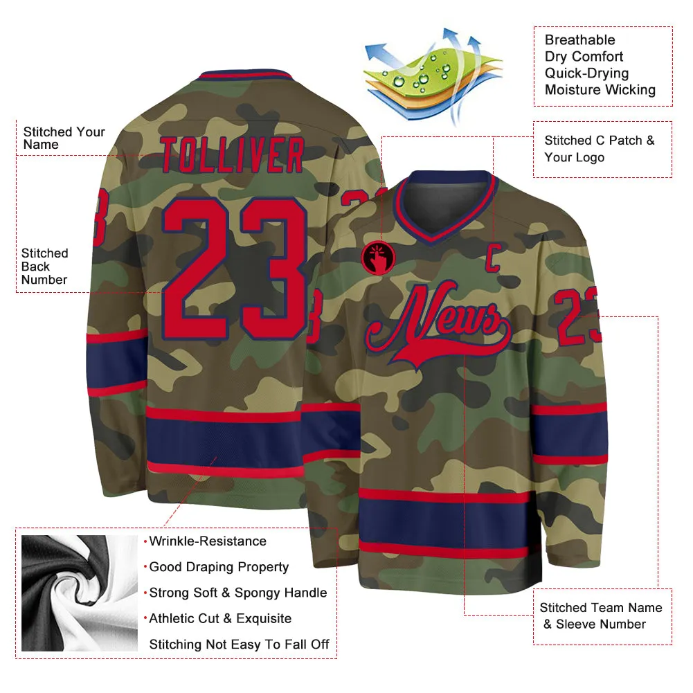 Custom Camo Red-Navy Salute To Service Hockey Jersey