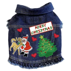 Custom Christmas Denim Dog Jacket With Ruffles Merry Christmas