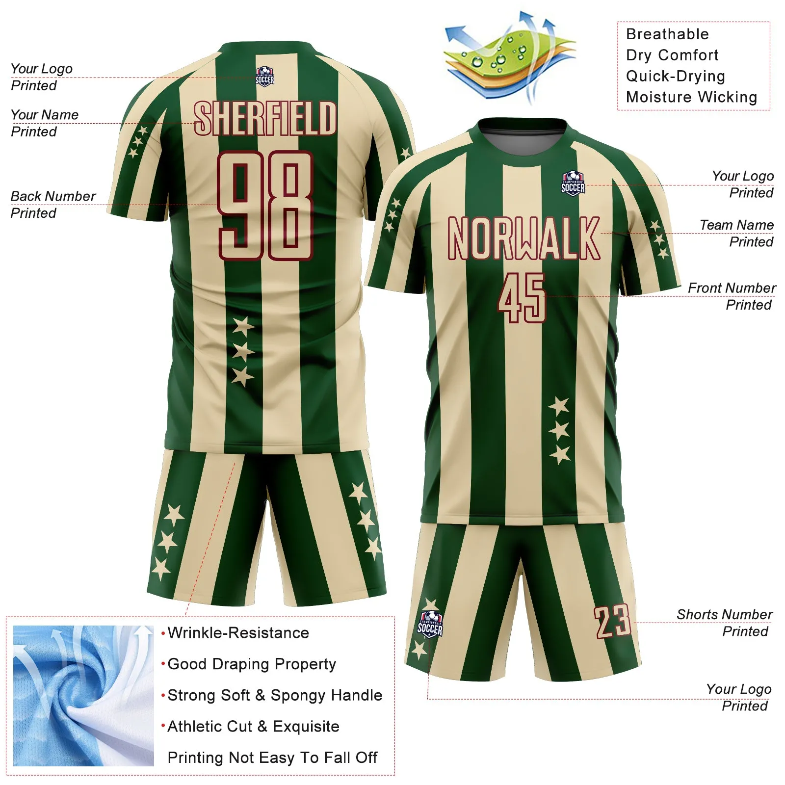 Custom City Cream Green-Crimson Stars And Squares Sublimation Soccer Uniform Jersey