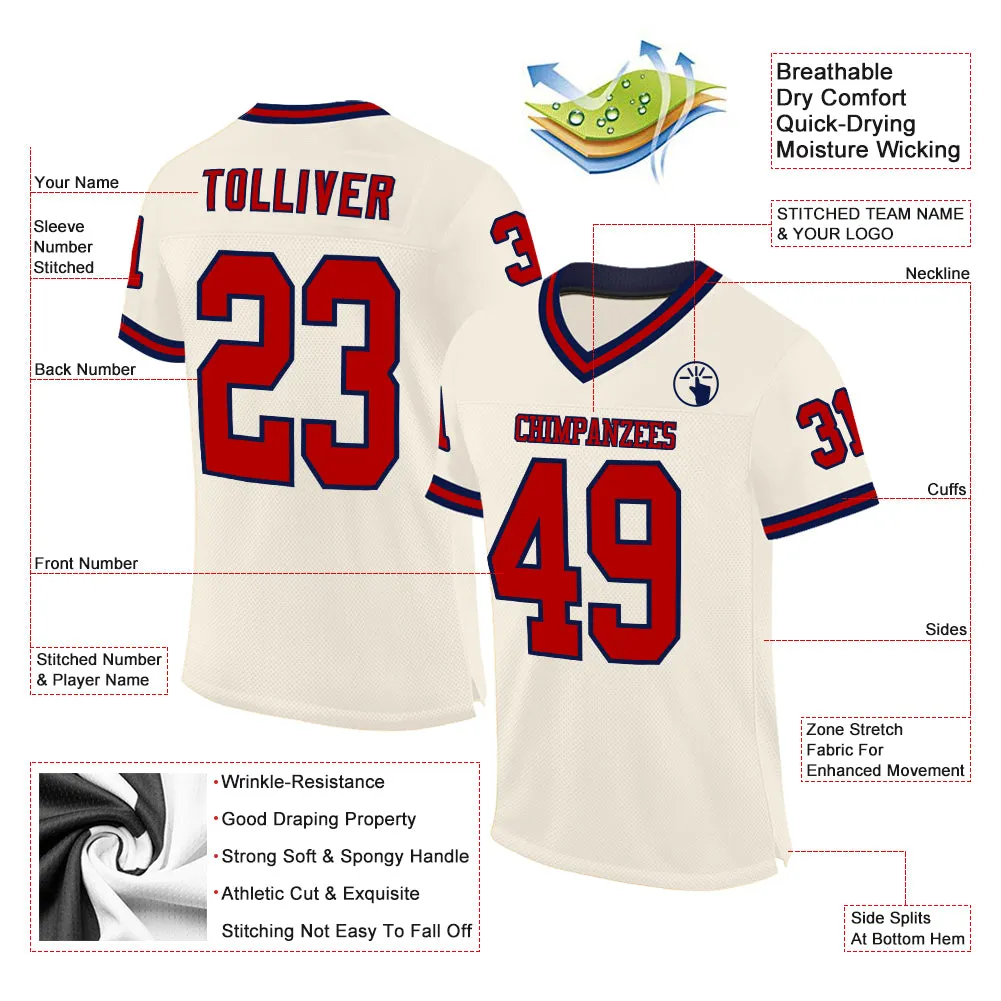 Custom Cream Red-Navy Mesh Authentic Throwback Football Jersey