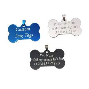 Custom Dog Tags, Bone Shape Stainless Steel with Chain and Box, 1.93x1.07 inch, Personalized Pets Engraved ID Name Plate