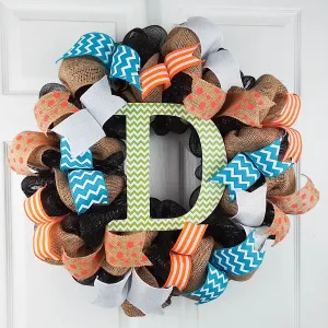 Custom Door Wreath, Burlap Monogram Wreath, Black Orange