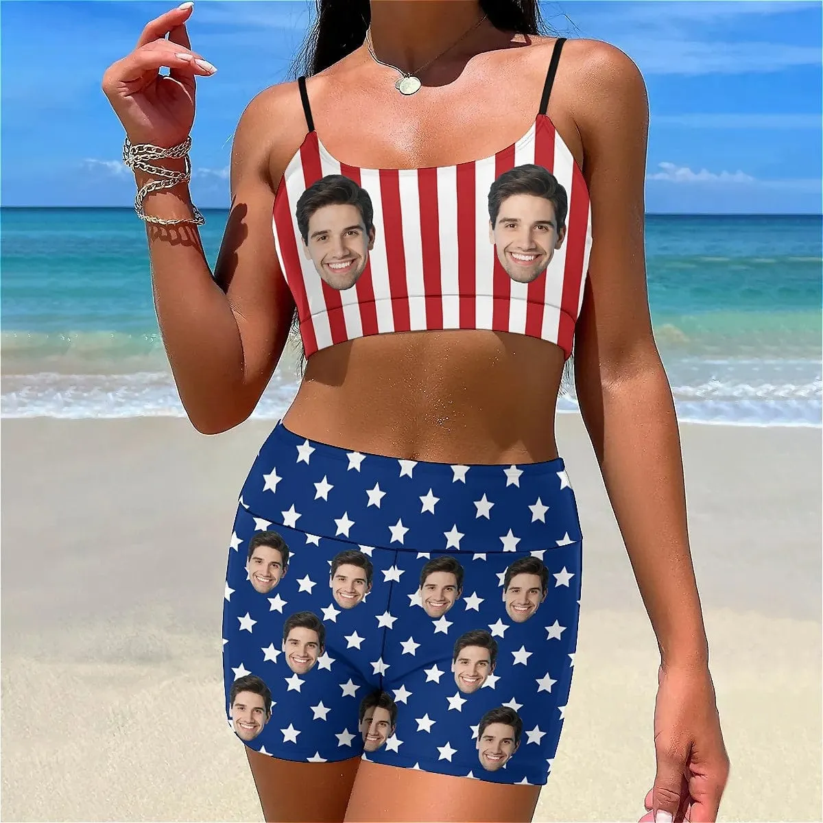 Custom Face American Flag Boyshorts Bikini Set Personalized High Waisted Sling Bikini Bathing Suit