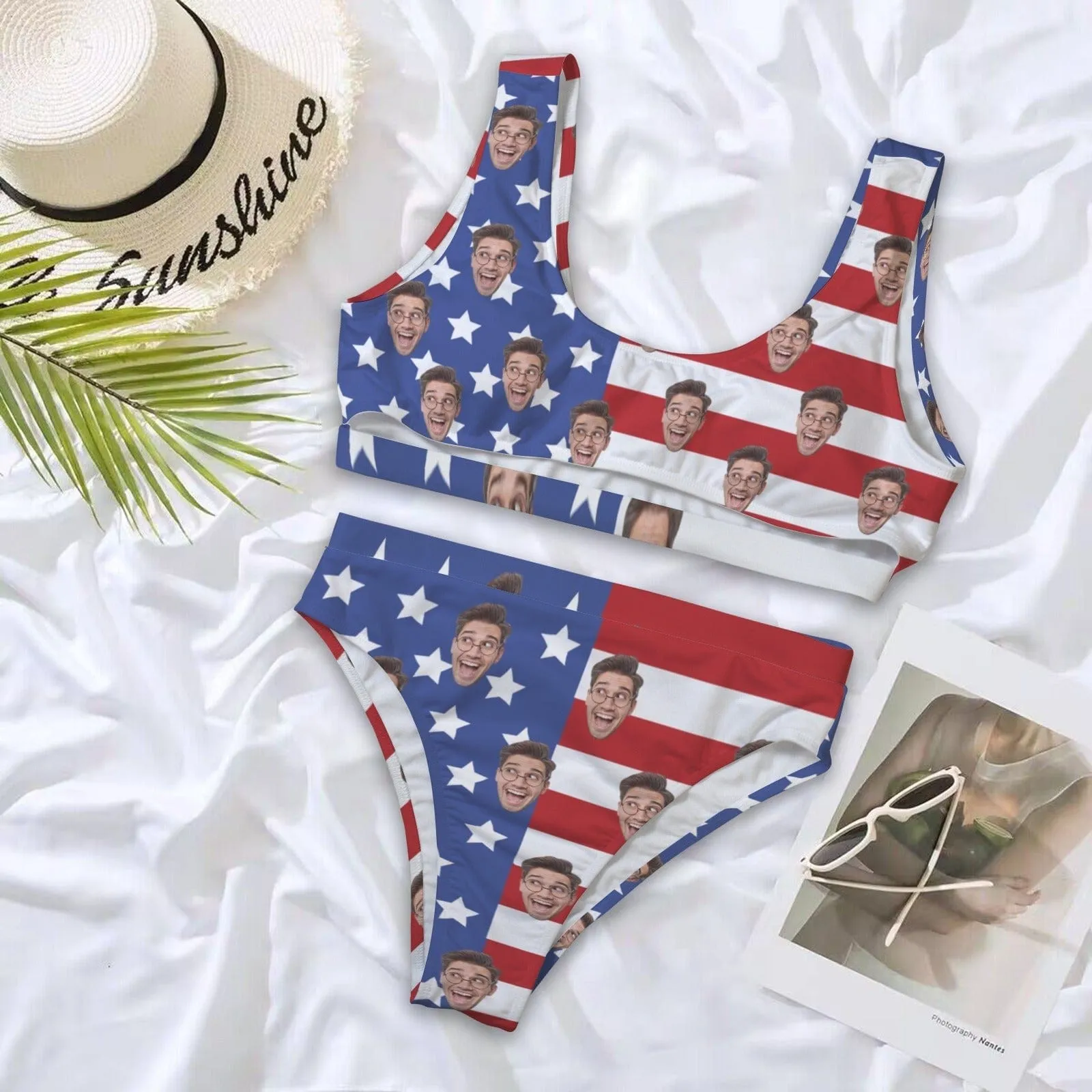 Custom Face American Flag Women's High Waisted Bikini Sets Personalized High Cut Swimsuits Sporty Cut Out Swimsuits Bathing Suits