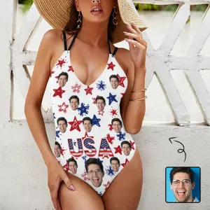 Custom Face American Stars Swimsuit Personalized Women's V-neck One Piece Bathing Suit For Her