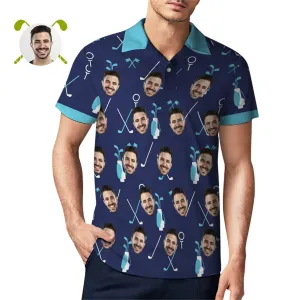 Custom Face Blue Polo Shirts Funny Golf Shirts & Golf Polos for Men