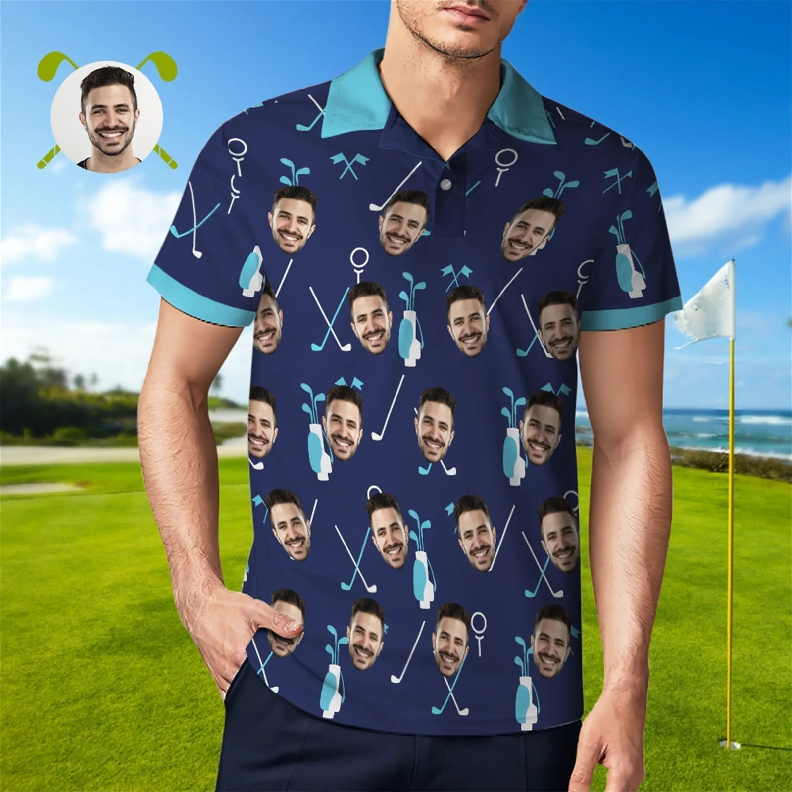 Custom Face Blue Polo Shirts Funny Golf Shirts & Golf Polos for Men